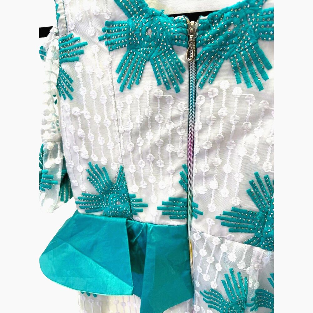 Vintage 60s teal & white occasion midi w/ shoulder cut out, peplum, jeweled - Picture 4 of 5